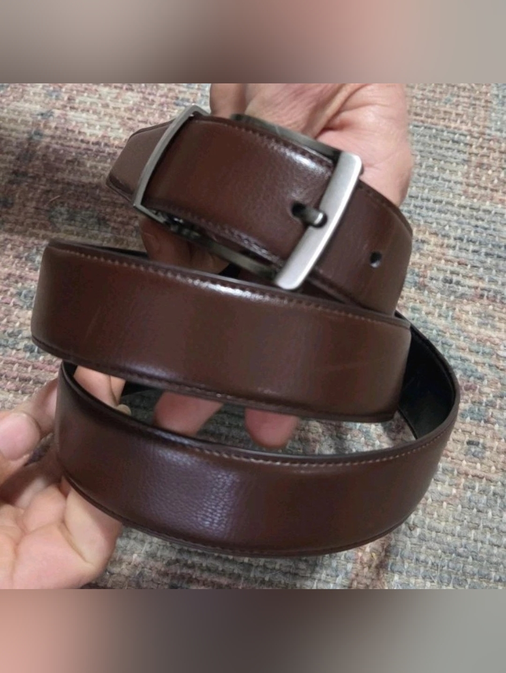 Perry Ellis Men's Brown And Black Bonded Leather Belt Silver Buckle 33/95